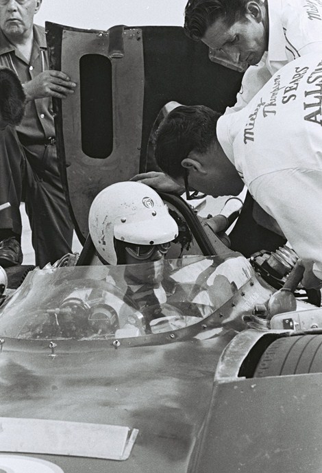 dave macdonald in mickey Thompson ford at 1964 indy 500 on carb day